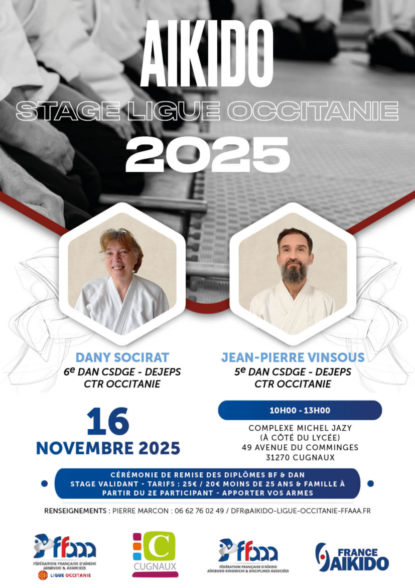 Affiche du Stage d'Aïkido à Cugnaux animé par Dany Socirat et Jean-Pierre Vinsous le dimanche 16 novembre 2025
