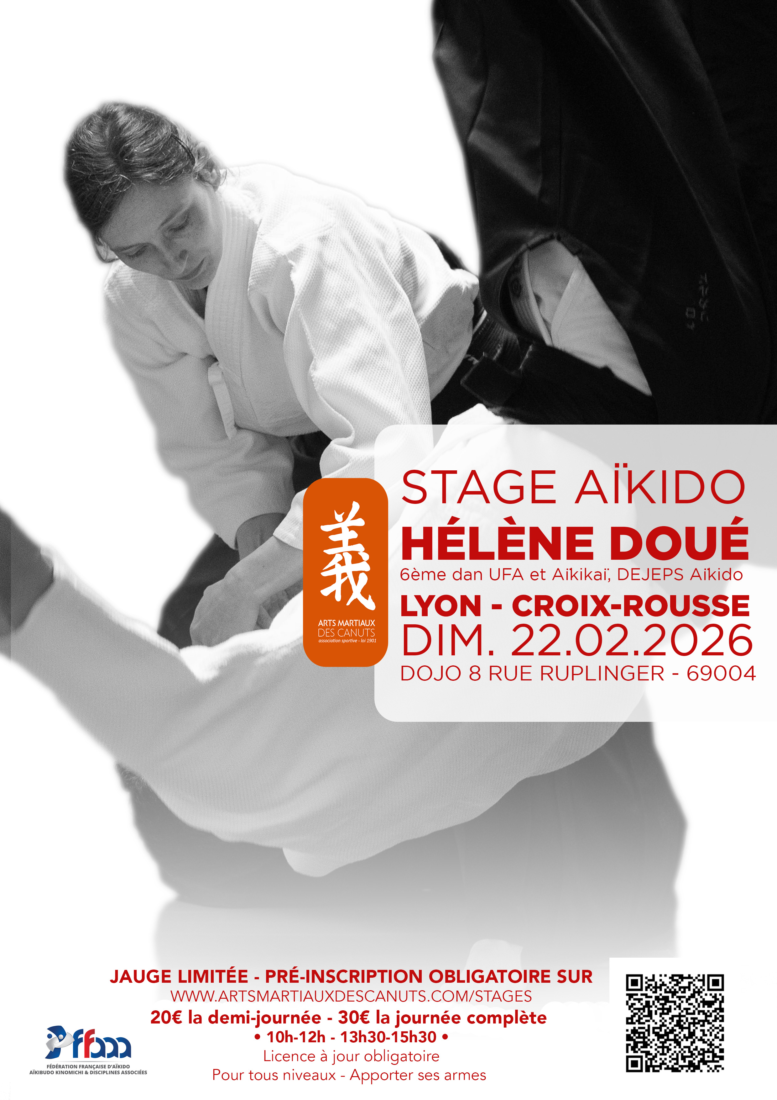 Affiche du Stage d'Aïkido à Lyon animé par Hélène Doué le dimanche 22 février 2026 Affiche du Stage d'Aïkido à Lyon animé par Hélène Doué le dimanche 22 février 2026
