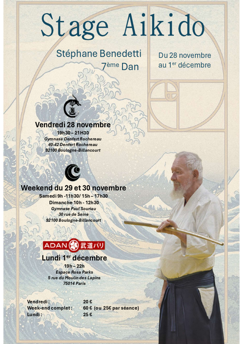 Affiche du Stage d'Aïkido à Boulogne-Billancourt animé par Stéphane Benedetti du vendredi 28 novembre 2025 au lundi 1 décembre 2025