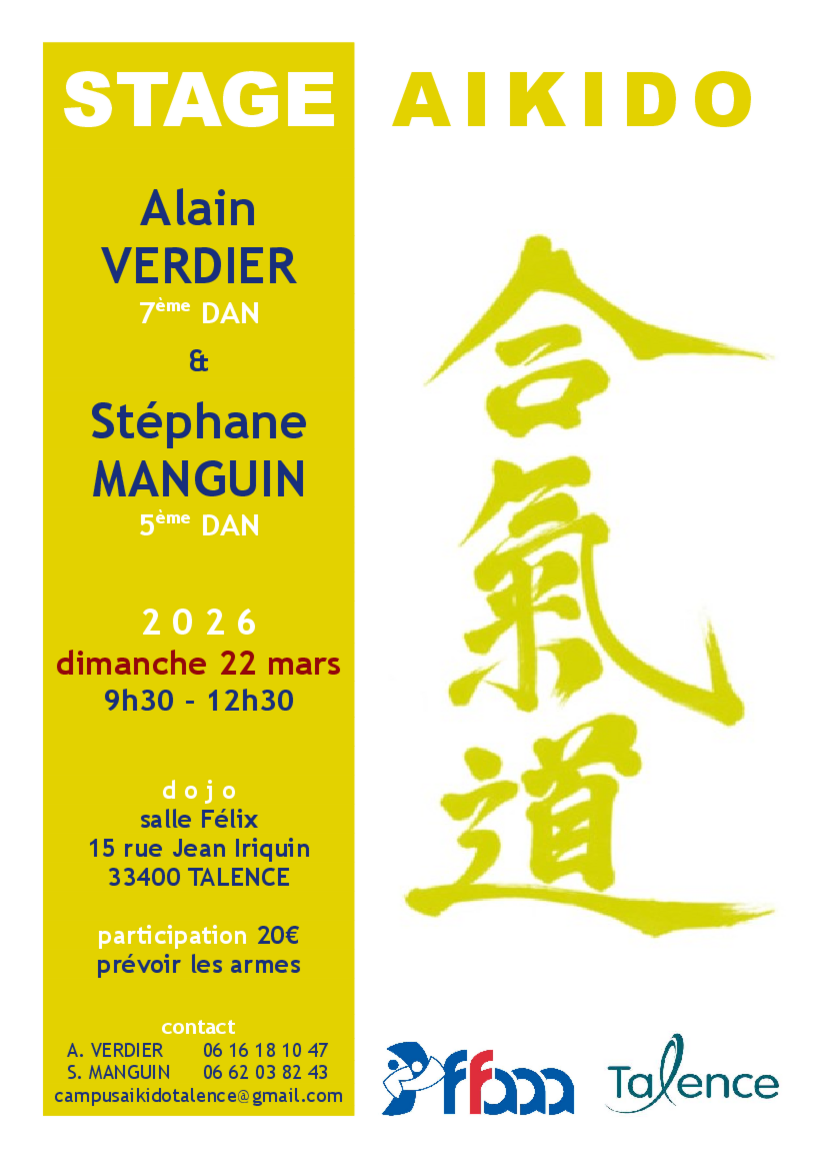 Affiche du Stage d'Aïkido à Talence animé par Stéphane Manguin et Alain Verdier le dimanche 22 mars 2026