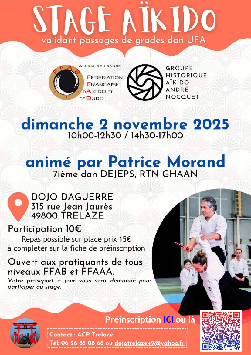 Affiche du Stage d'Aïkido à Trélazé animé par Patrice Morand le dimanche 2 novembre 2025