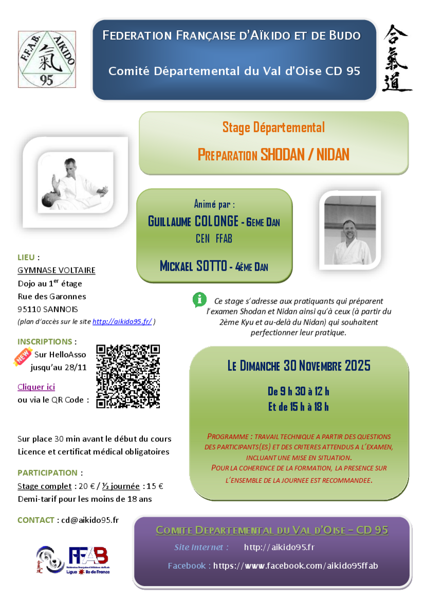 Affiche du Stage d'Aïkido à Sannois animé par Guillaume Colonge et Mickaël Sotto le dimanche 30 novembre 2025