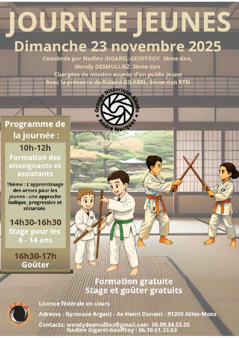 Affiche du Stage d'Aïkido à Athis-Mons animé par Nadine Gigarel et Wendy Desmulliez et Roland Gilabel le dimanche 23 novembre 2025