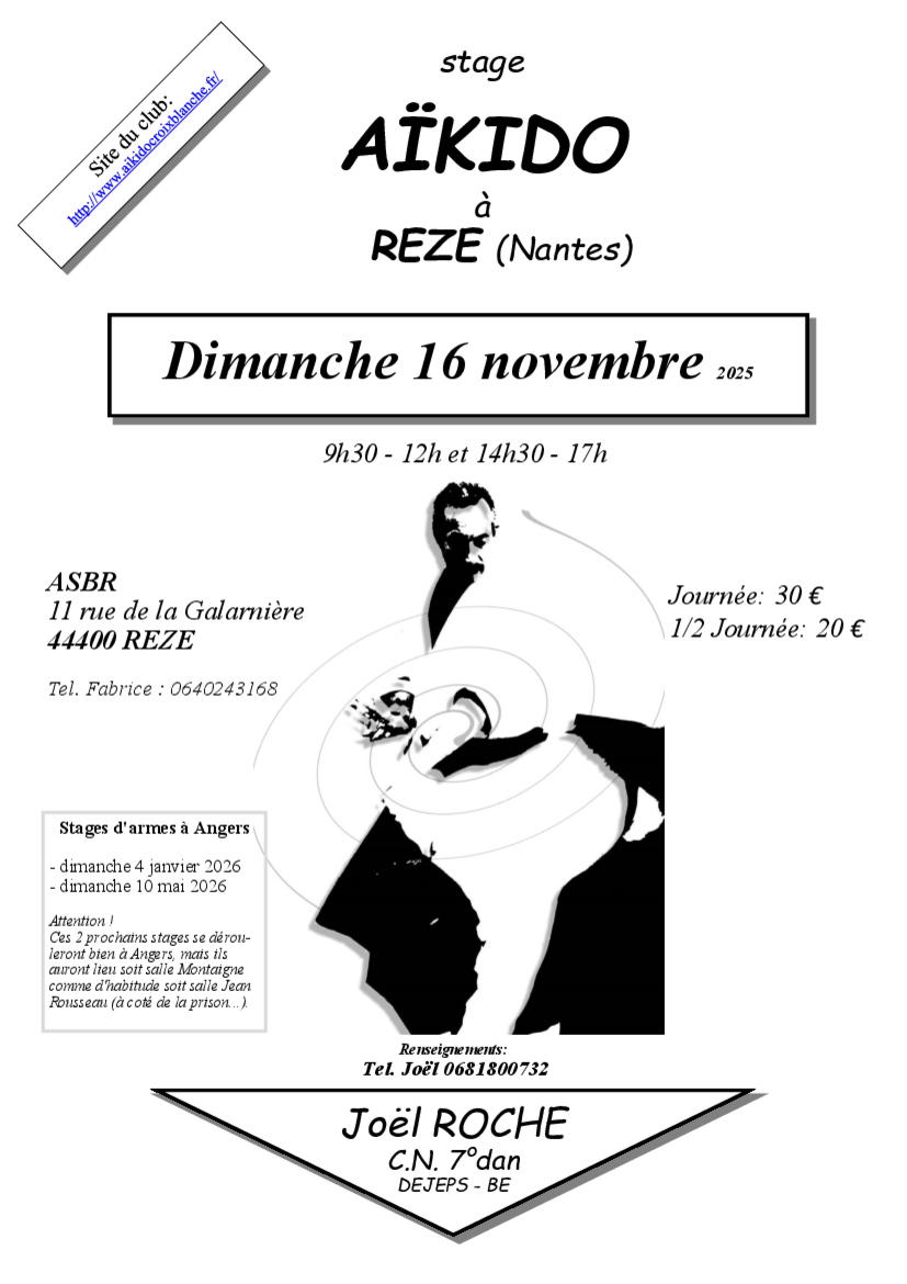 Affiche du Stage d'Aïkido à Rezé animé par Joël Roche le dimanche 16 novembre 2025