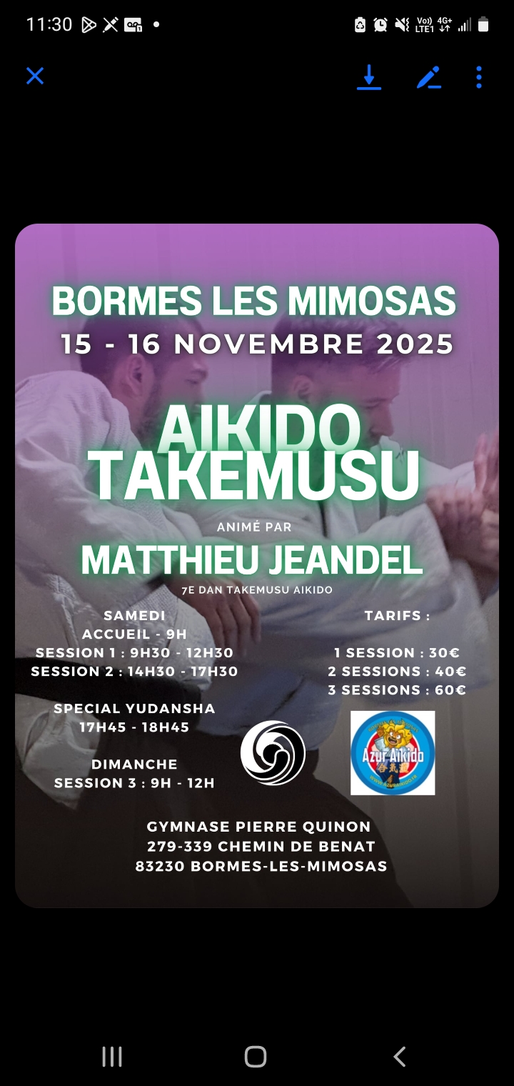 Affiche du Stage d'Aïkido à Bormes-les-Mimosas animé par Matthieu Jeandel du samedi 15 novembre 2025 au dimanche 16 novembre 2025 Affiche du Stage d'Aïkido à Bormes-les-Mimosas animé par Matthieu Jeandel du samedi 15 novembre 2025 au dimanche 16 novembre 2025