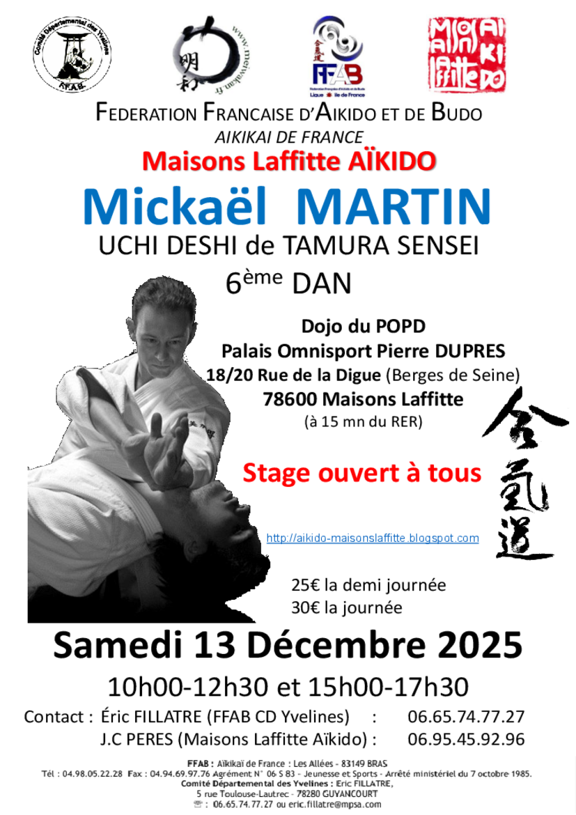Affiche du Stage d'Aïkido à Maisons-Laffitte animé par Mickaël Martin le samedi 13 décembre 2025