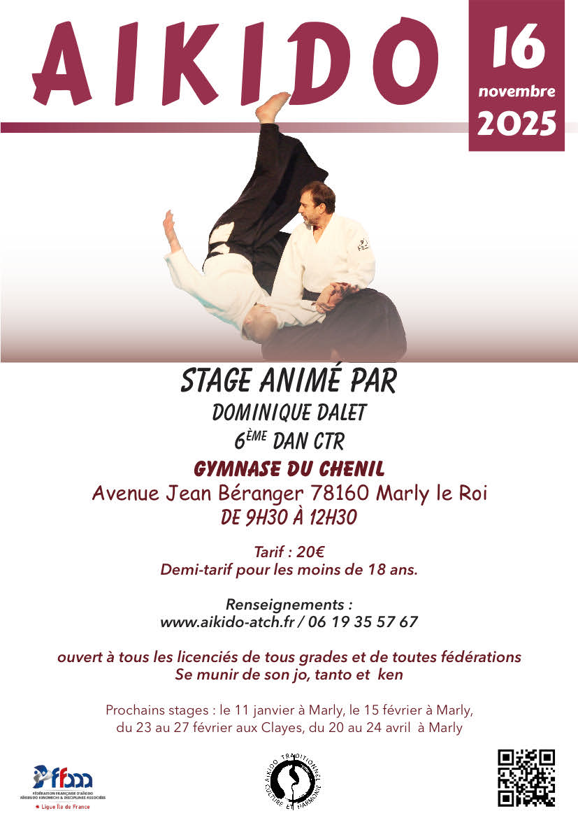 Affiche du Stage d'Aïkido à Marly-le-Roi animé par Dominique Dalet le dimanche 16 novembre 2025 Affiche du Stage d'Aïkido à Marly-le-Roi animé par Dominique Dalet le dimanche 16 novembre 2025