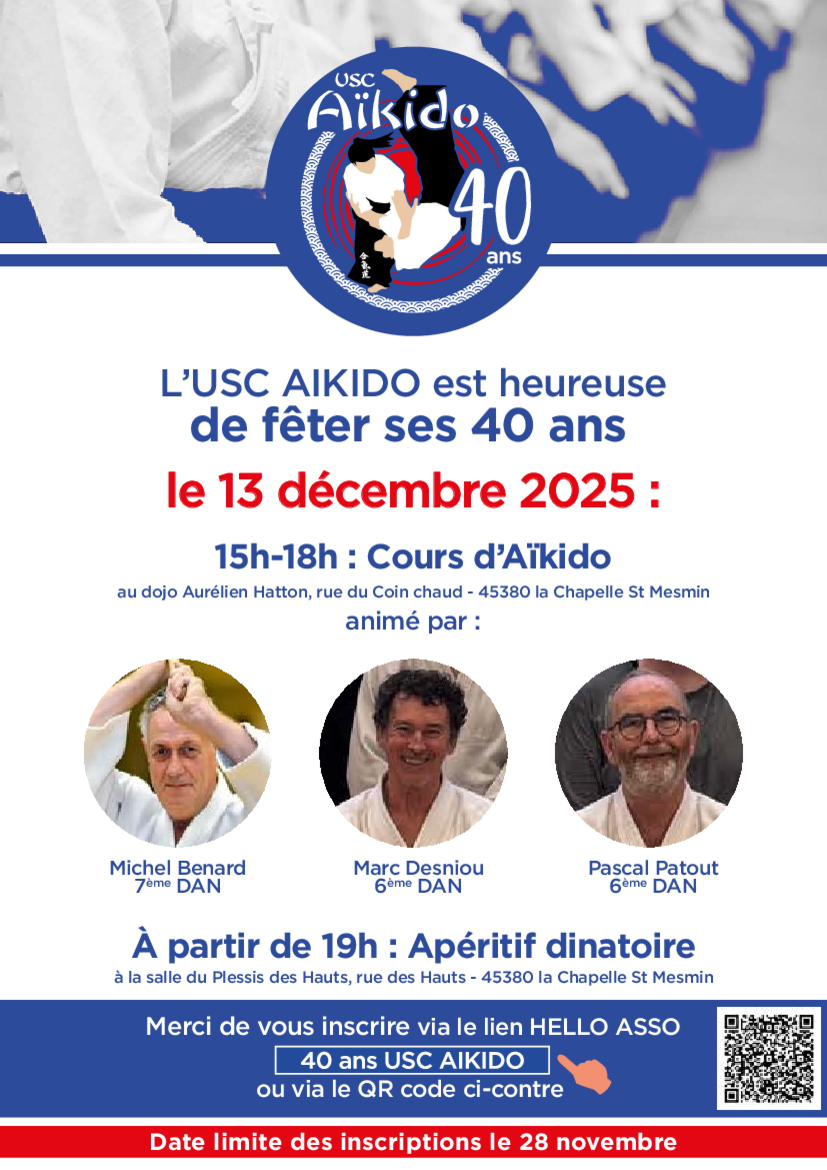 Affiche du Stage d'Aïkido à La Chapelle-Saint-Mesmin animé par Pascal Patout et Marc Desniou et Michel Benard le samedi 13 décembre 2025