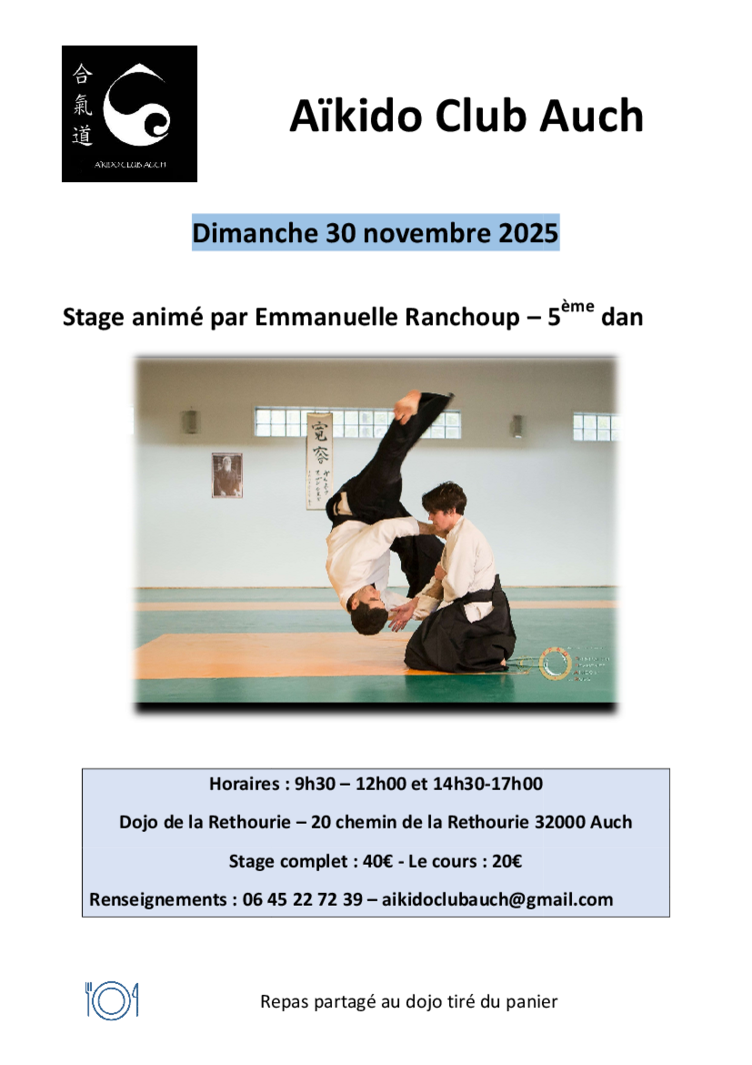 Affiche du Stage d'Aïkido à Auch animé par Emmanuelle Ranchoup le dimanche 30 novembre 2025