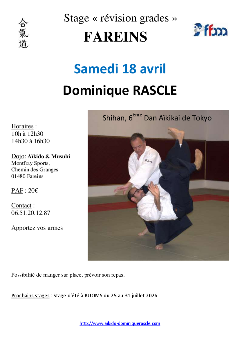 Affiche du Stage d'Aïkido à Fareins animé par Dominique Rascle le samedi 18 avril 2026