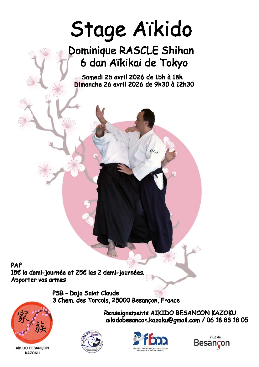 Affiche du Stage d'Aïkido à Besançon animé par Dominique Rascle du samedi 25 avril 2026 au dimanche 26 avril 2026