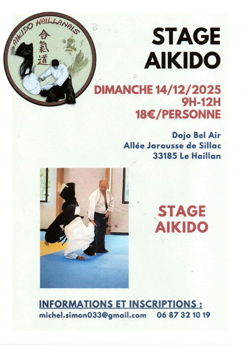 Affiche du Stage d'Aïkido à Le Haillan animé par Michel Simon le dimanche 14 décembre 2025