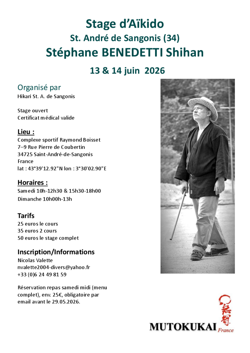 Affiche du Stage d'Aïkido à Saint-André-de-Sangonis animé par Stéphane Benedetti du samedi 13 juin 2026 au dimanche 14 juin 2026