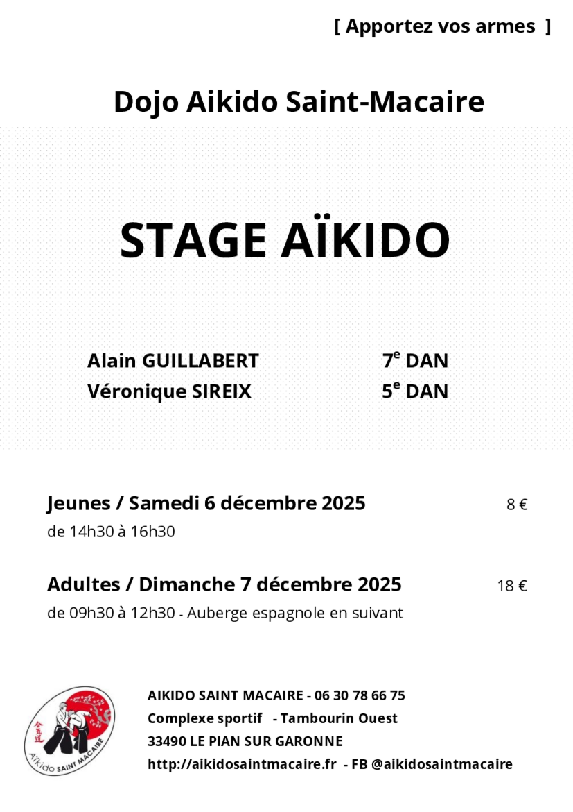 Affiche du Stage d'Aïkido à Le Pian-sur-Garonne animé par Alain Guillabert et Véronique Sireix le dimanche 7 décembre 2025