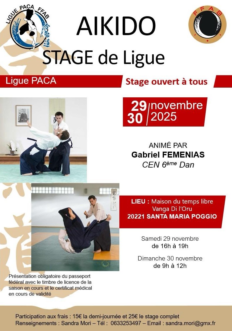 Affiche du Stage d'Aïkido à Santa-Maria-Poggio animé par Gabriel Femenias du samedi 29 novembre 2025 au dimanche 30 novembre 2025 Affiche du Stage d'Aïkido à Santa-Maria-Poggio animé par Gabriel Femenias du samedi 29 novembre 2025 au dimanche 30 novembre 2025