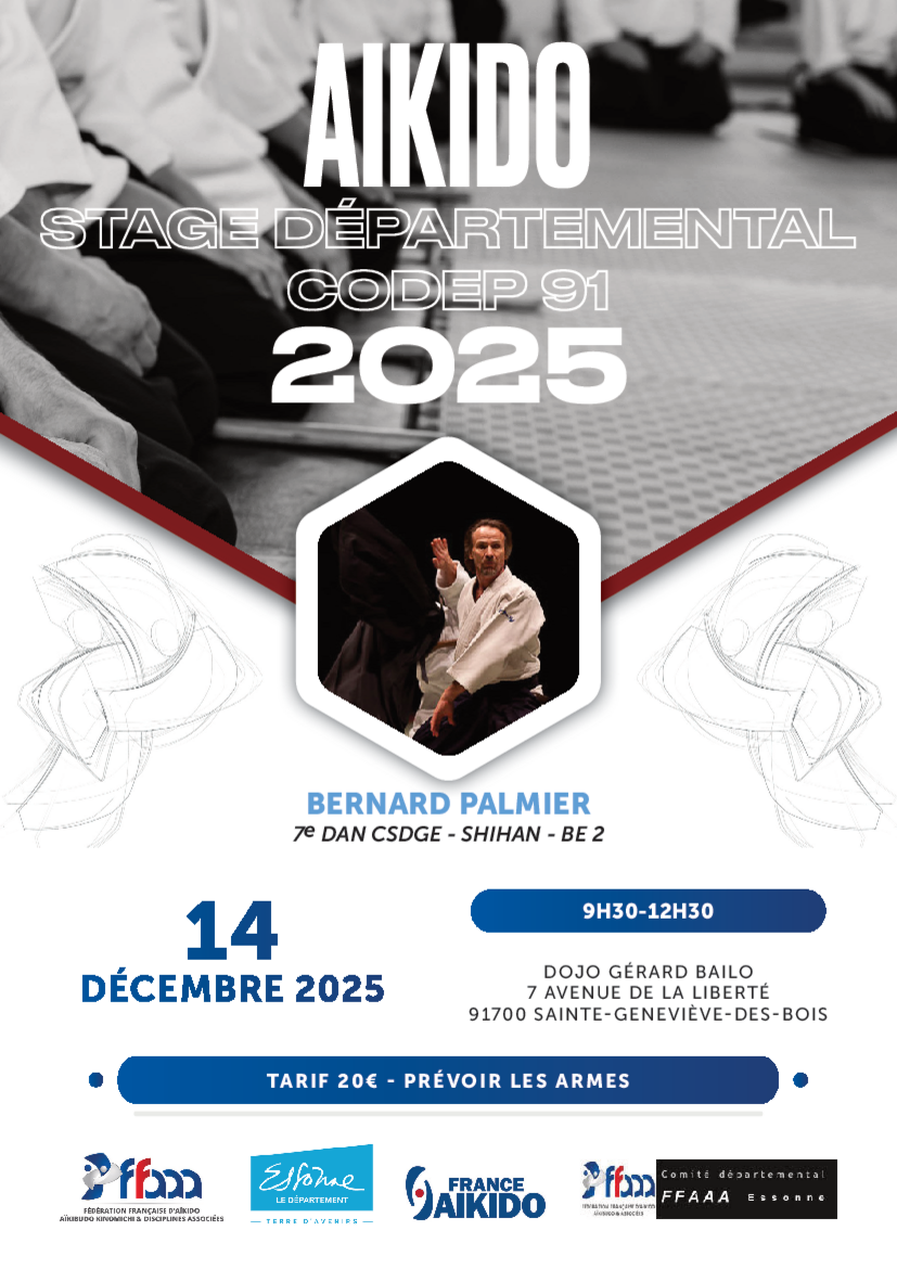 Affiche du Stage d'Aïkido à Sainte-Geneviève-des-Bois animé par Bernard Palmier le dimanche 14 décembre 2025