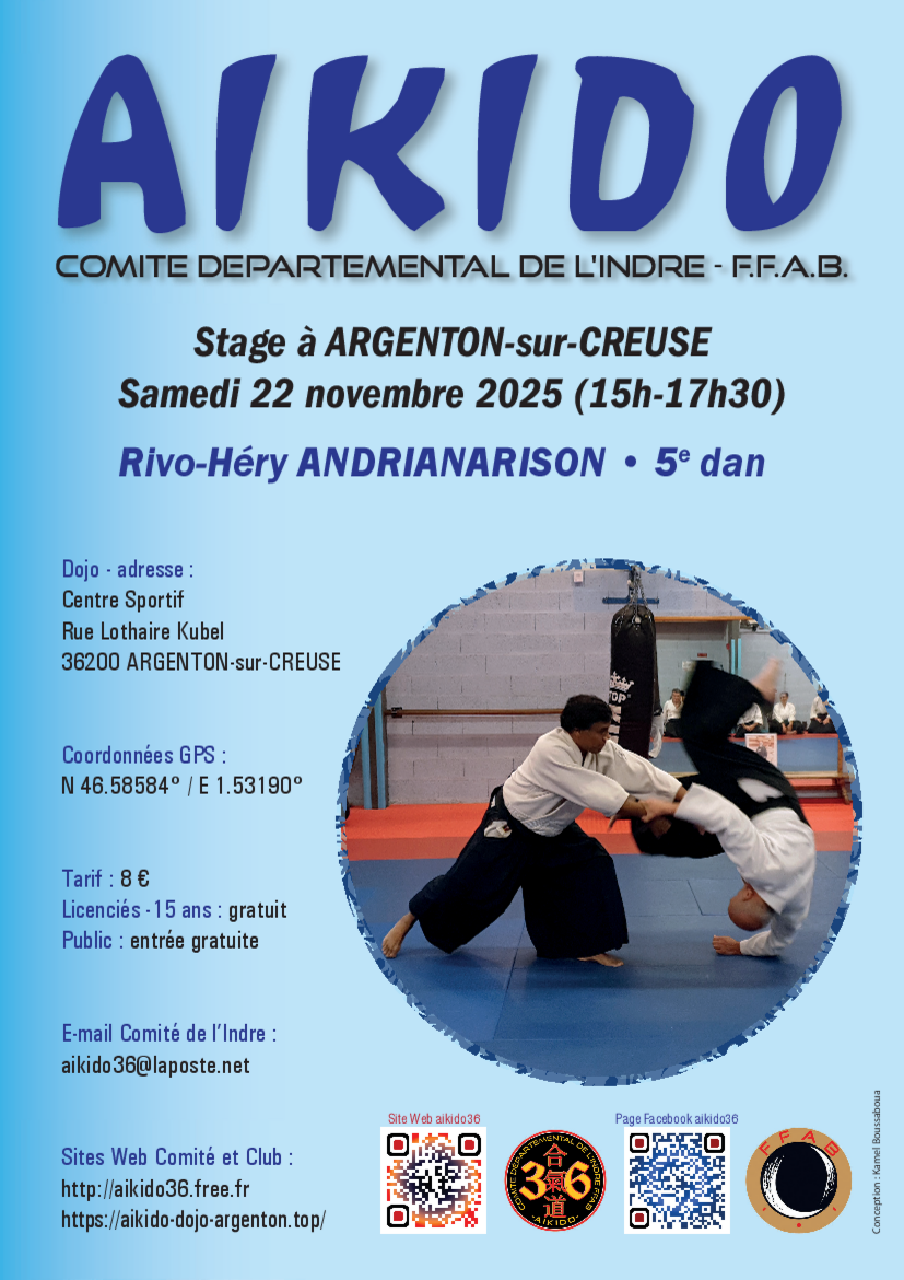 Affiche du Stage d'Aïkido à Argenton-sur-Creuse animé par Rivo-Héry Andrianarison le samedi 22 novembre 2025 Affiche du Stage d'Aïkido à Argenton-sur-Creuse animé par Rivo-Héry Andrianarison le samedi 22 novembre 2025