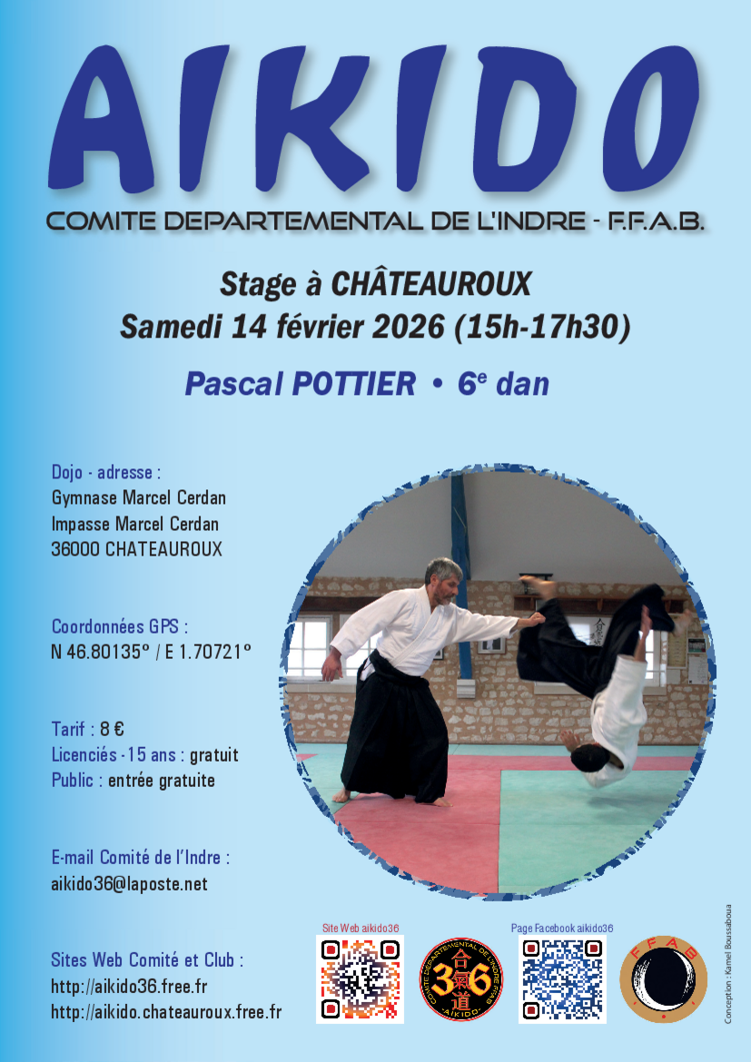 Affiche du Stage d'Aïkido à Châteauroux animé par Pascal Pottier le samedi 14 février 2026 Affiche du Stage d'Aïkido à Châteauroux animé par Pascal Pottier le samedi 14 février 2026