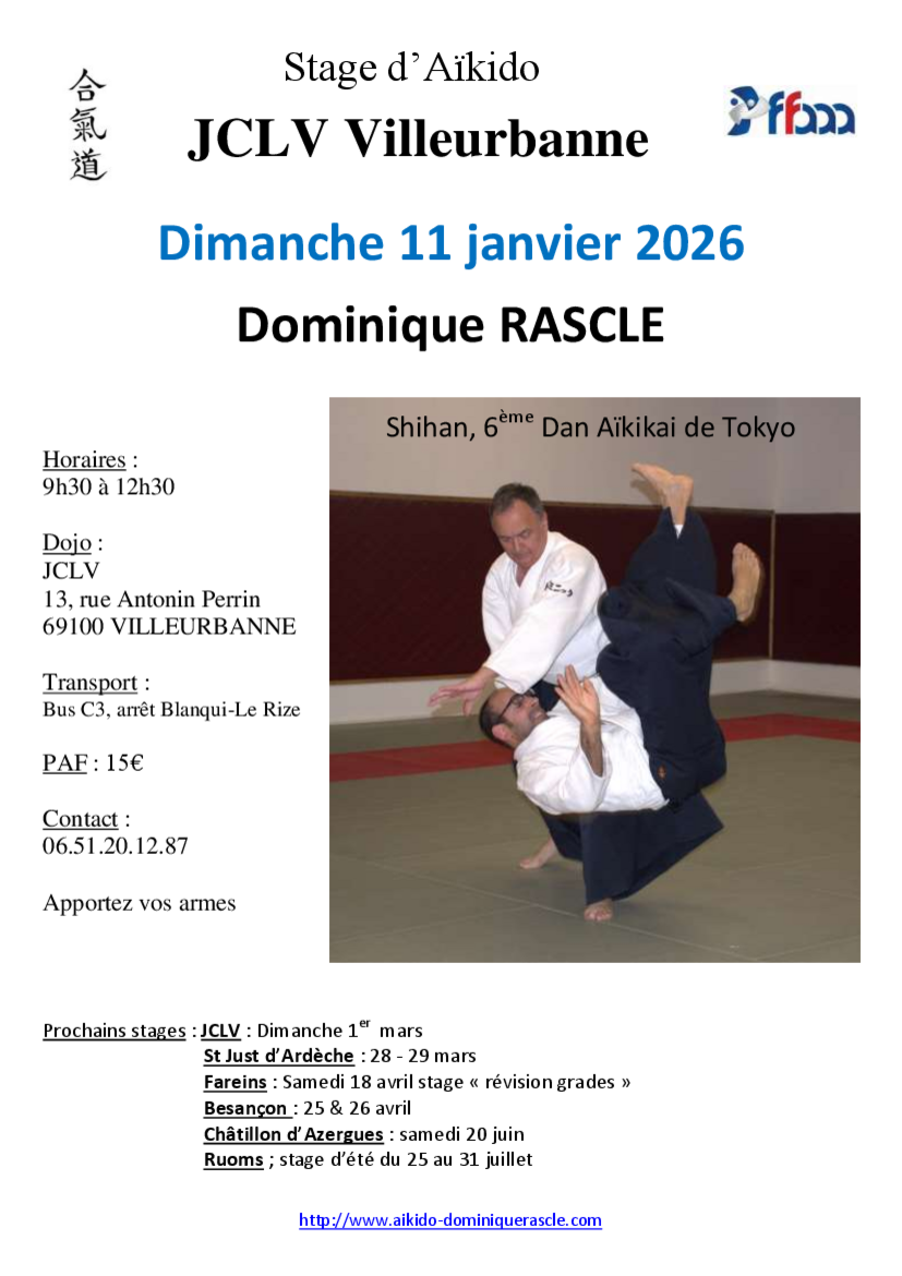 Affiche du Stage d'Aïkido à Villeurbanne animé par Dominique Rascle le dimanche 11 janvier 2026