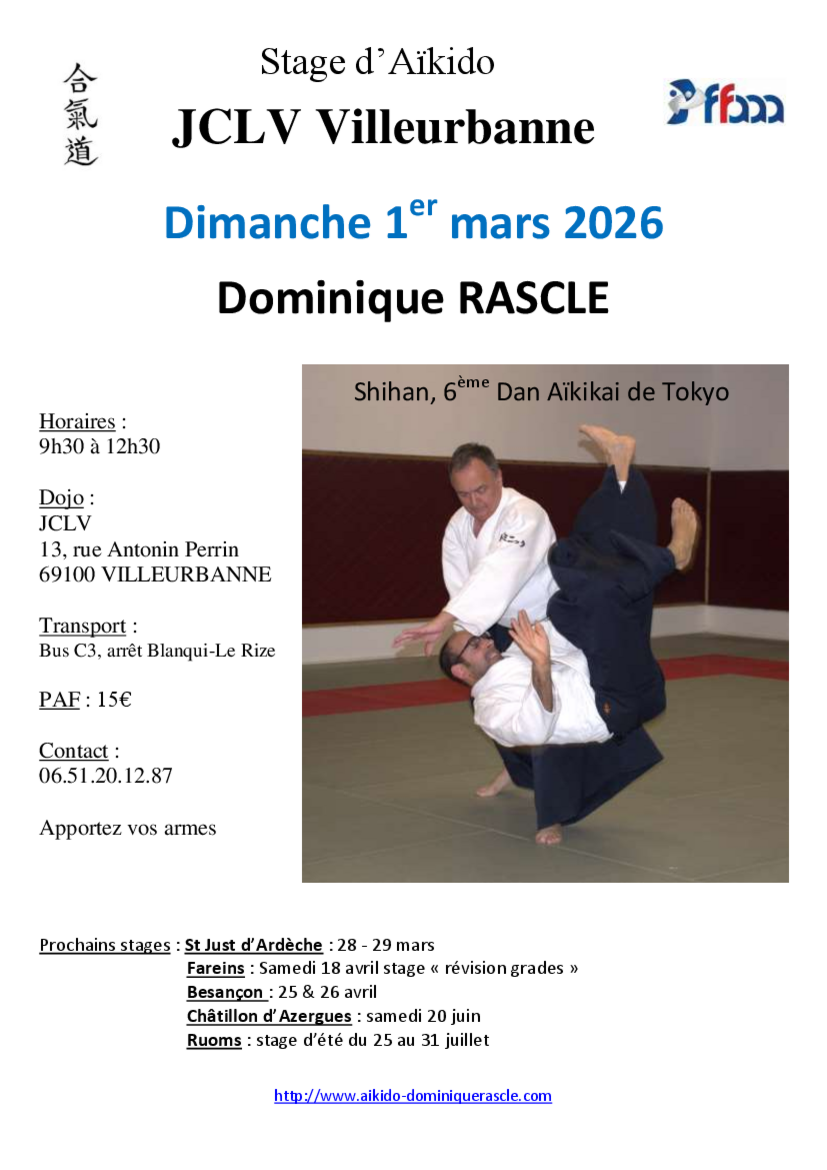 Affiche du Stage d'Aïkido à Villeurbanne animé par Dominique Rascle le dimanche 1 mars 2026