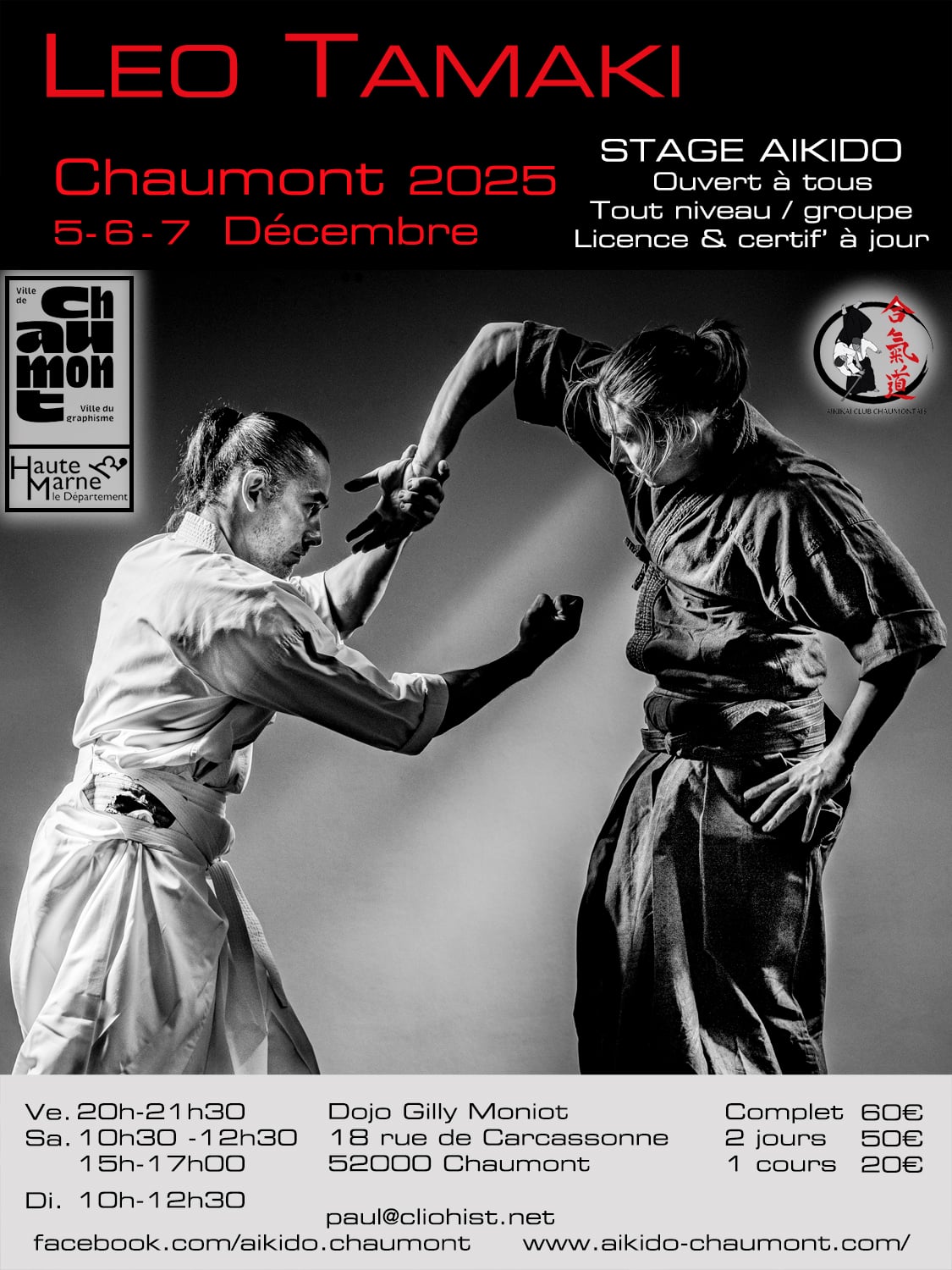 Affiche du Stage d'Aïkido à Chaumont animé par Léo Tamaki du vendredi 5 décembre 2025 au dimanche 7 décembre 2025 Affiche du Stage d'Aïkido à Chaumont animé par Léo Tamaki du vendredi 5 décembre 2025 au dimanche 7 décembre 2025