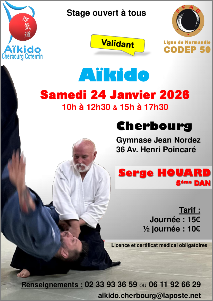 Affiche du Stage d'Aïkido à Cherbourg-en-Cotentin animé par Serge Houard le samedi 24 janvier 2026
