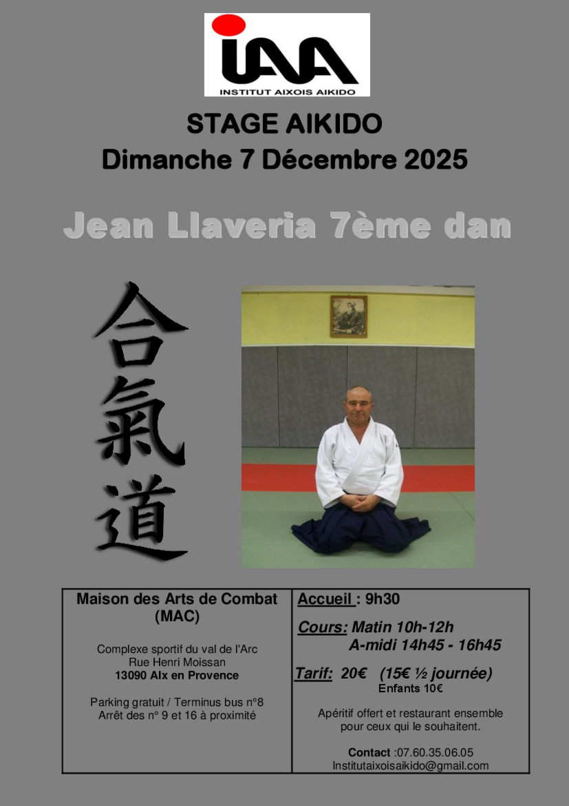 Affiche du Stage d'Aïkido à Aix-en-Provence animé par Jean Llaveria le dimanche 7 décembre 2025