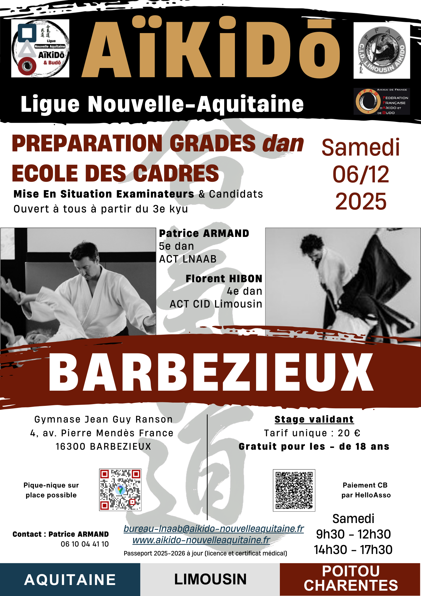 Affiche du Stage d'Aïkido à Barbezieux-Saint-Hilaire animé par Patrice ARMAND et Florent HIBON le samedi 6 décembre 2025 Affiche du Stage d'Aïkido à Barbezieux-Saint-Hilaire animé par Patrice ARMAND et Florent HIBON le samedi 6 décembre 2025