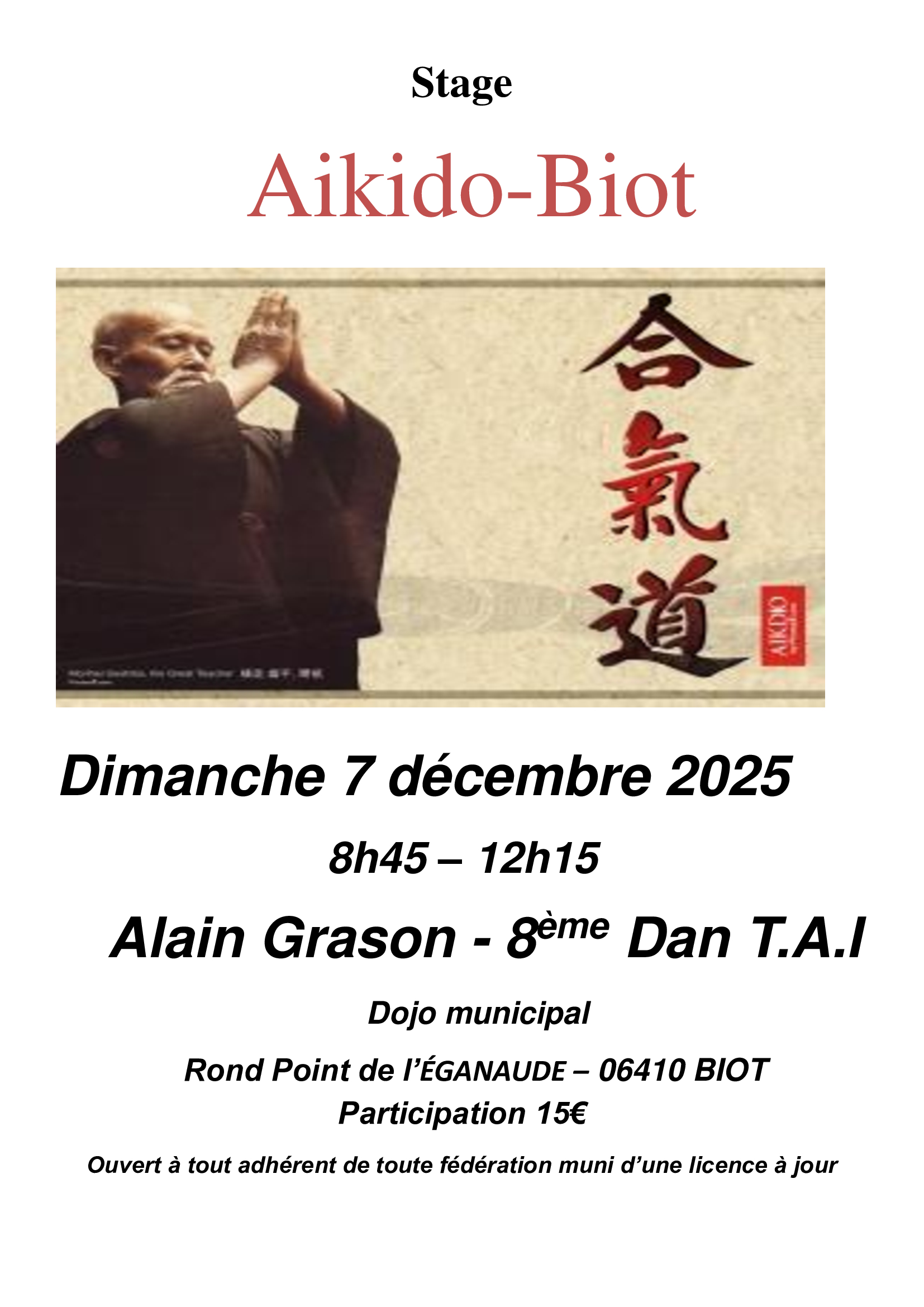 Affiche du Stage d'Aïkido à Biot animé par Alain Grason le dimanche 7 décembre 2025 Affiche du Stage d'Aïkido à Biot animé par Alain Grason le dimanche 7 décembre 2025