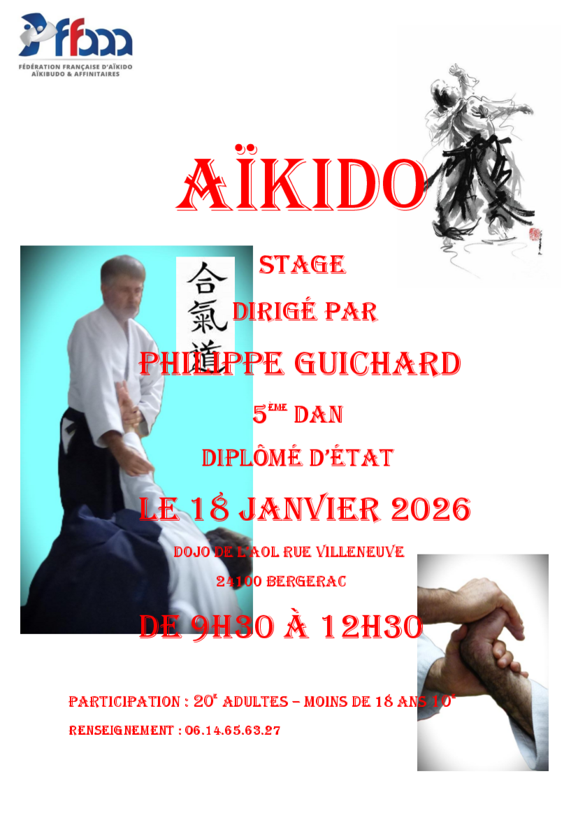 Affiche du Stage d'Aïkido à Bergerac animé par Philippe Guichard le dimanche 18 janvier 2026