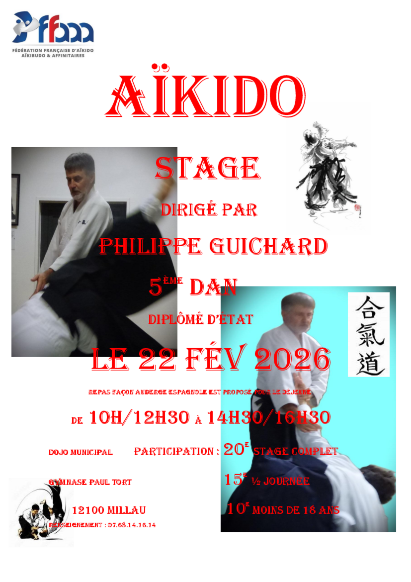 Affiche du Stage d'Aïkido à Millau animé par Philippe Guichard le dimanche 22 février 2026