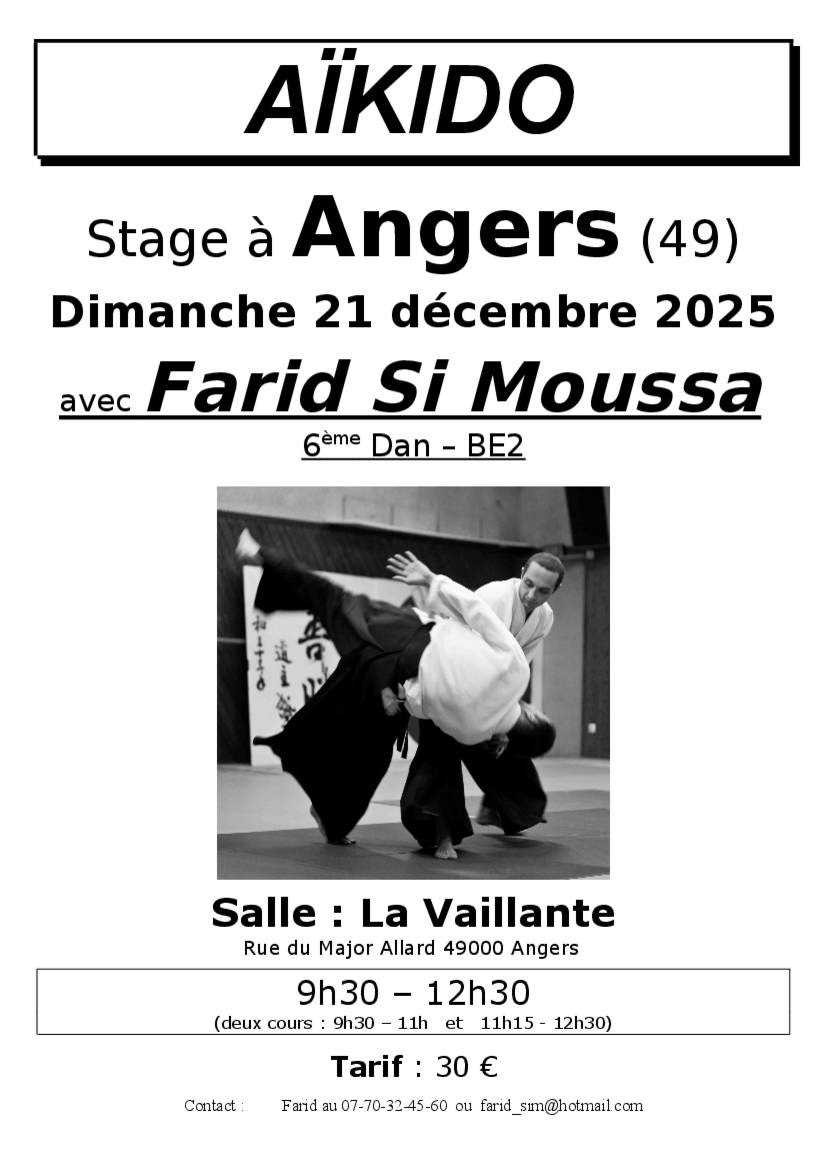 Affiche du Stage d'Aïkido à Angers animé par Farid Si Moussa le dimanche 21 décembre 2025