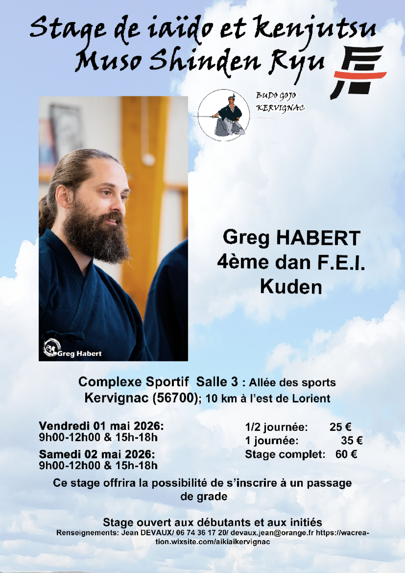 Affiche du Stage d'Aïkido à Kervignac animé par Greg Habert du samedi 7 mars 2026 au dimanche 8 mars 2026 Affiche du Stage d'Aïkido à Kervignac animé par Greg Habert du samedi 7 mars 2026 au dimanche 8 mars 2026