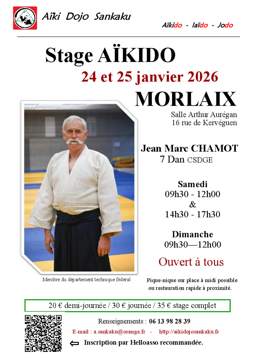 Affiche du Stage d'Aïkido à Morlaix animé par Jean-Marc Chamot du samedi 24 janvier 2026 au dimanche 25 janvier 2026