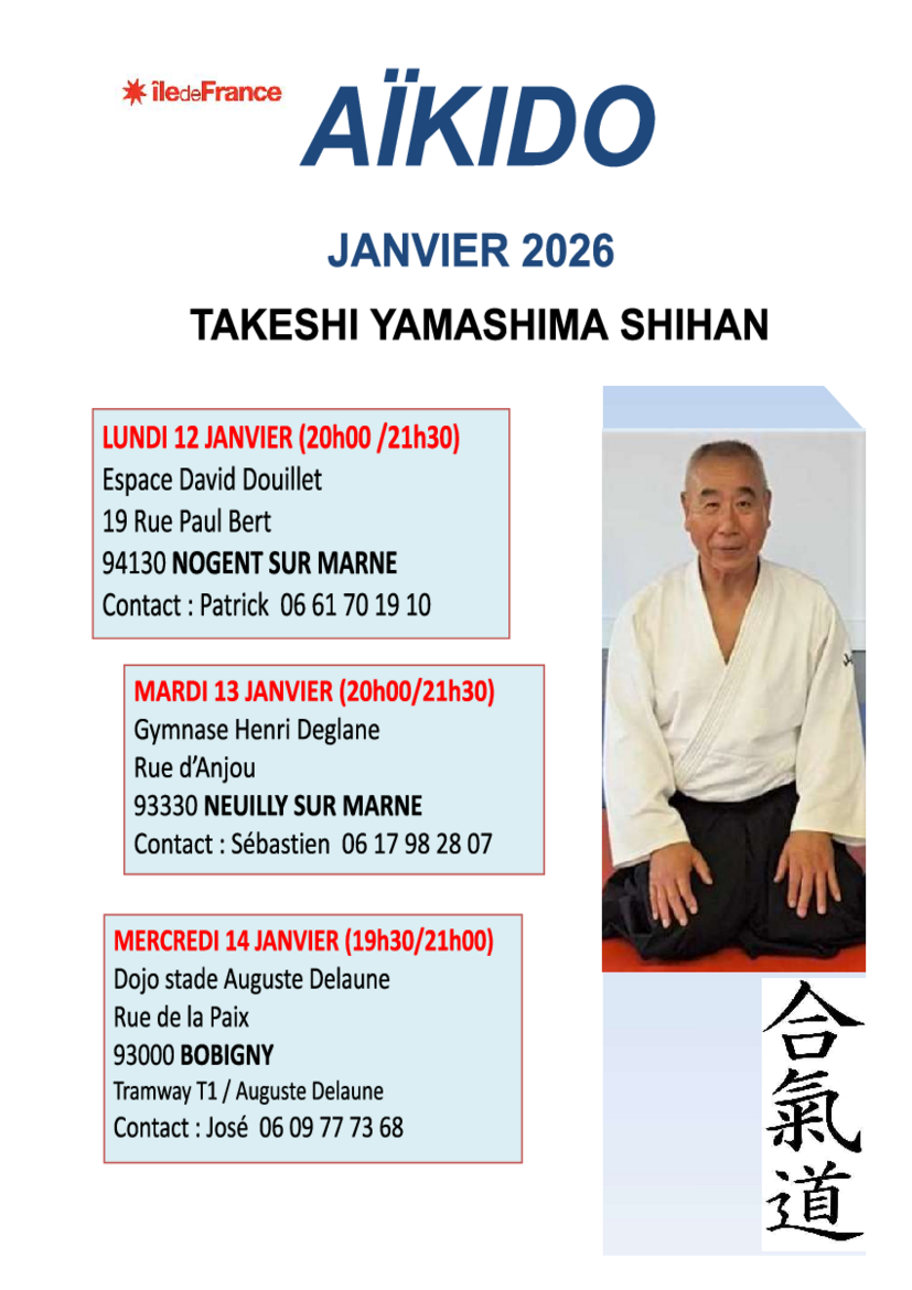 Affiche du Stage d'Aïkido à Bobigny animé par Yamashima Takeshi le mercredi 14 janvier 2026