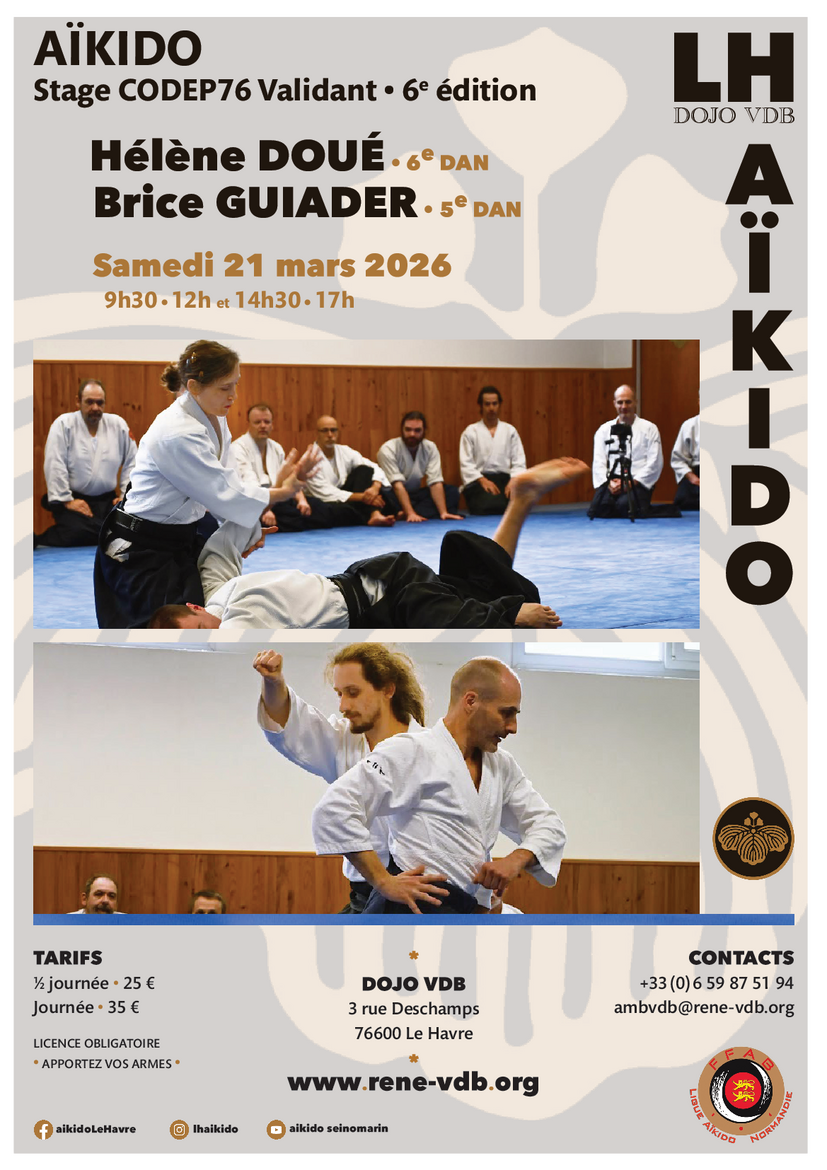 Affiche du Stage d'Aïkido à Le Havre animé par Hélène Doué et Brice Guiader le samedi 21 mars 2026