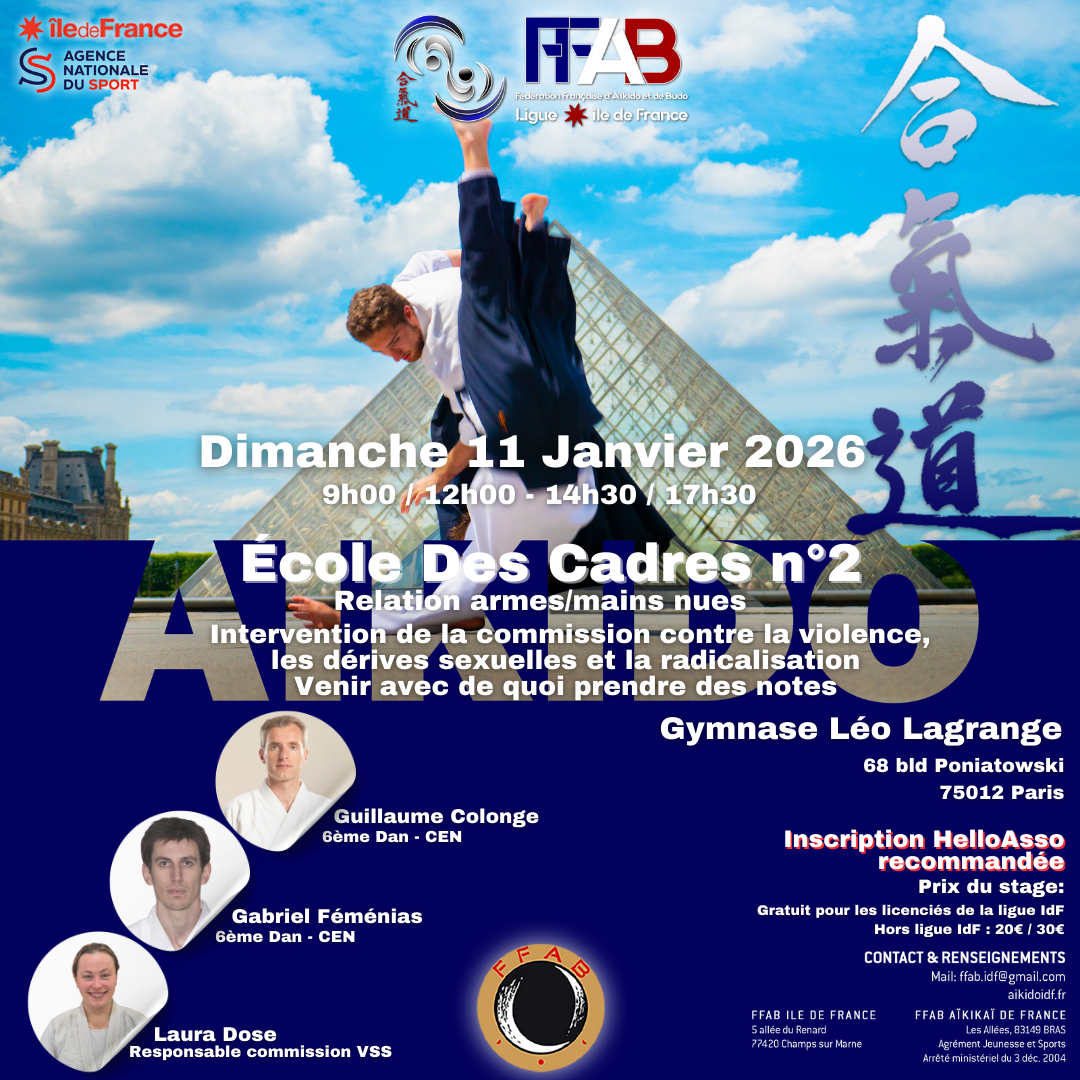 Affiche du Stage d'Aïkido à Paris animé par Gabriel Femenias et Guillaume Colonge le dimanche 11 janvier 2026 Affiche du Stage d'Aïkido à Paris animé par Gabriel Femenias et Guillaume Colonge le dimanche 11 janvier 2026