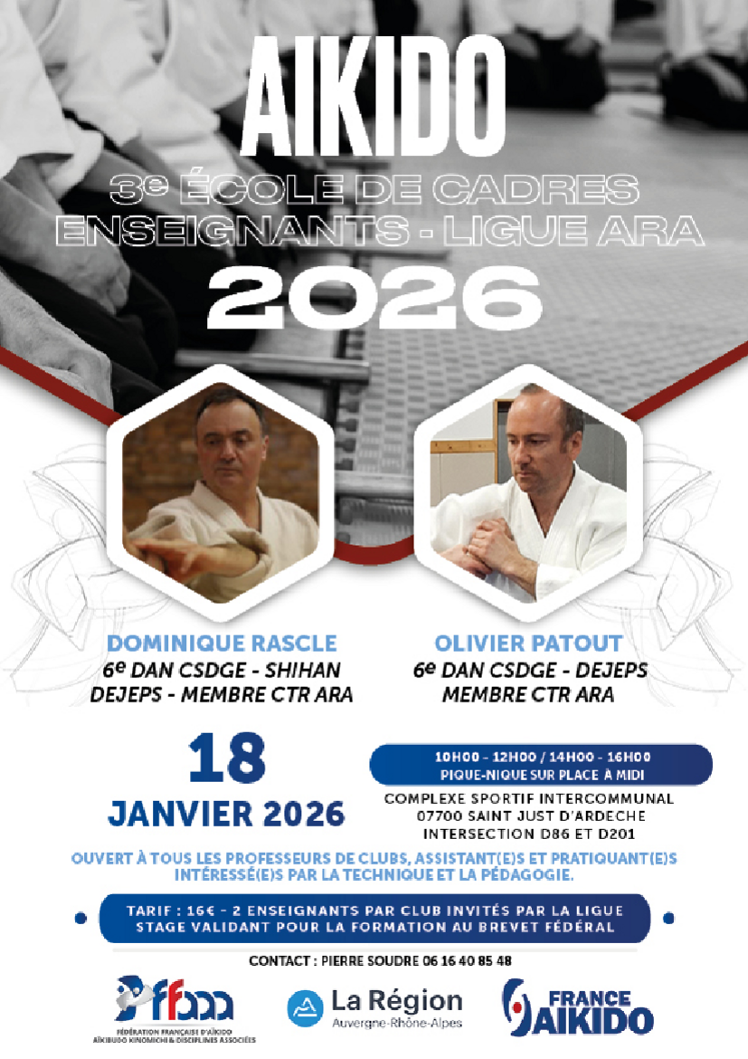 Affiche du Stage d'Aïkido à Saint-Just-d'Ardèche animé par Dominique Rascle et Olivier Patout le dimanche 18 janvier 2026