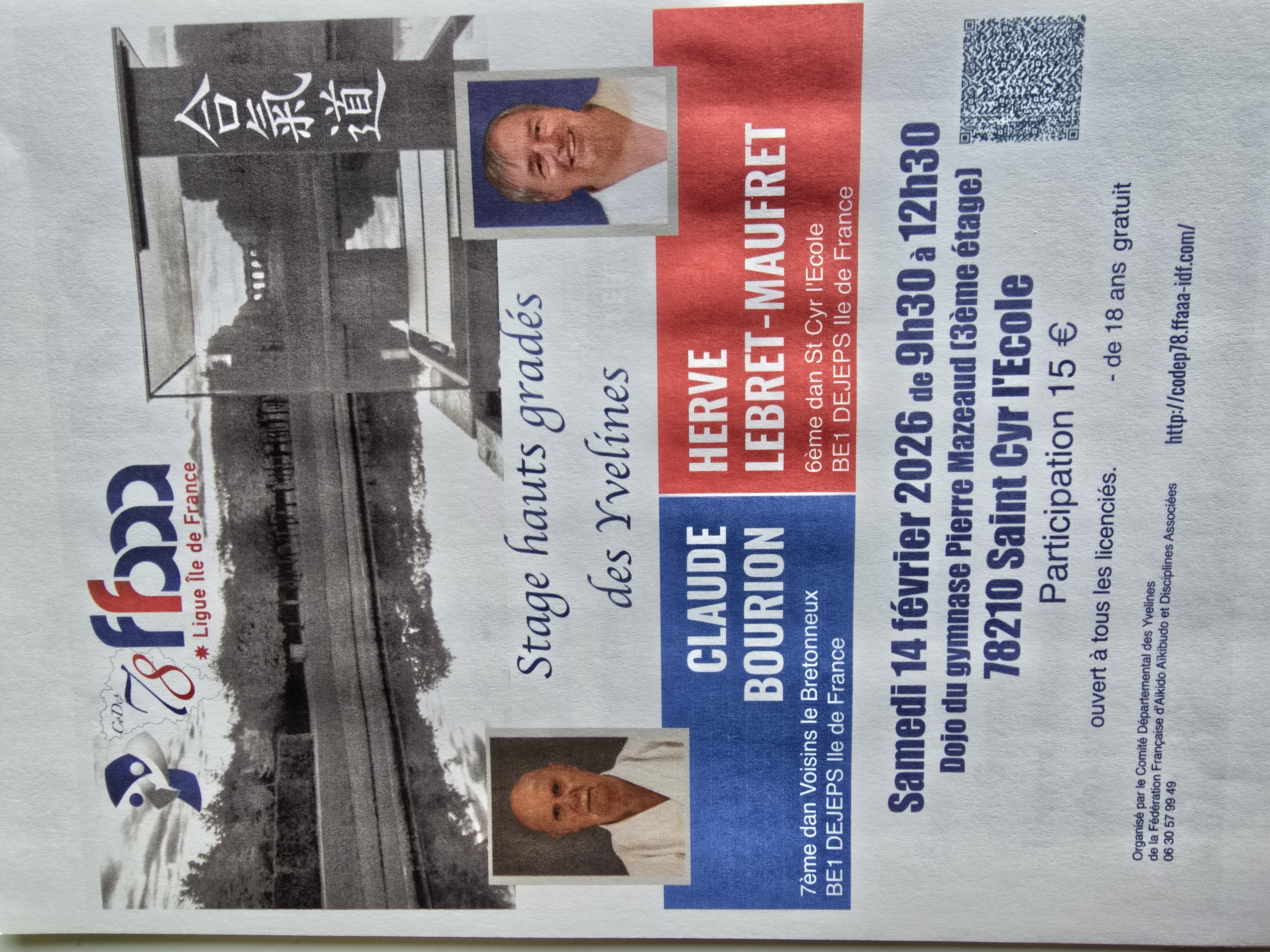 Affiche du Stage d'Aïkido à Saint-Cyr-l'École animé par Claude Bourion et Lebret Maufret Hervé le samedi 14 février 2026 Affiche du Stage d'Aïkido à Saint-Cyr-l'École animé par Claude Bourion et Lebret Maufret Hervé le samedi 14 février 2026