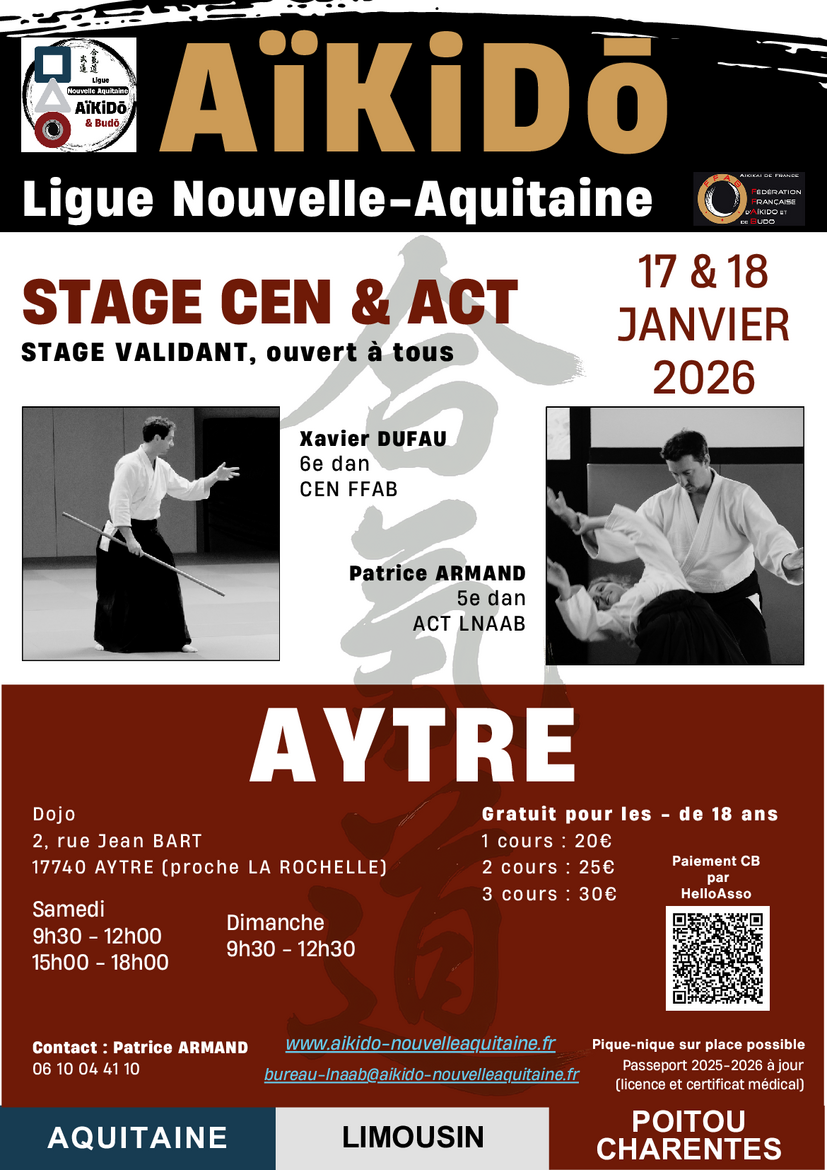 Affiche du Stage d'Aïkido à Aytré animé par Patrice Armand et Xavier Dufau du samedi 17 janvier 2026 au dimanche 18 janvier 2026 Affiche du Stage d'Aïkido à Aytré animé par Patrice Armand et Xavier Dufau du samedi 17 janvier 2026 au dimanche 18 janvier 2026