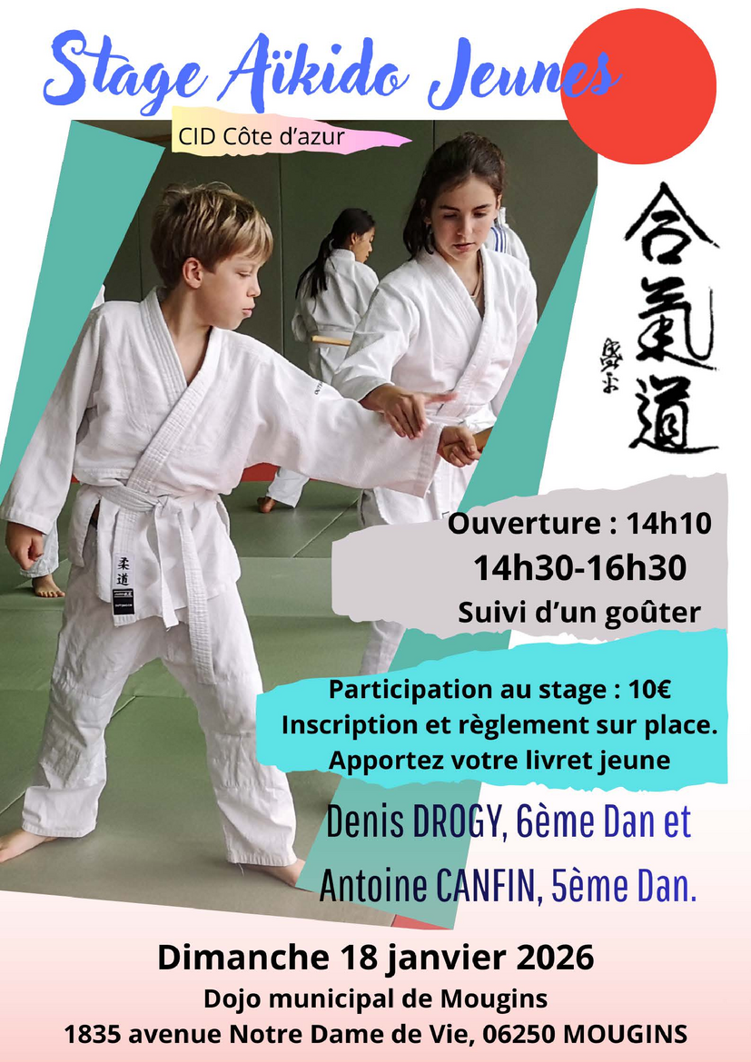 Affiche du Stage d'Aïkido à Mougins animé par Denis Drogy et Antoine Canfin le dimanche 18 janvier 2026