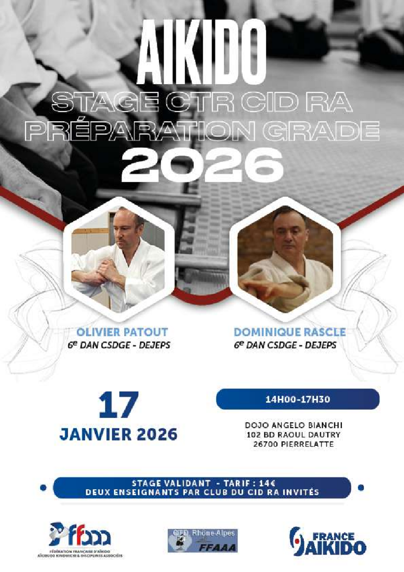 Affiche du Stage d'Aïkido à Pierrelatte animé par Dominique Rascle et Olivier Patout le samedi 17 janvier 2026