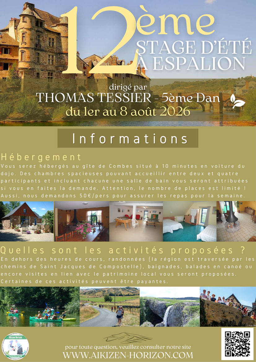 Affiche du Stage d'Aïkido à Espalion animé par Thomas Tessier du samedi 1 août 2026 au samedi 8 août 2026