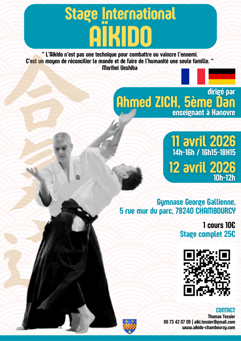 Affiche du Stage d'Aïkido à Chambourcy animé par Ahmed Zich du samedi 11 avril 2026 au dimanche 12 avril 2026