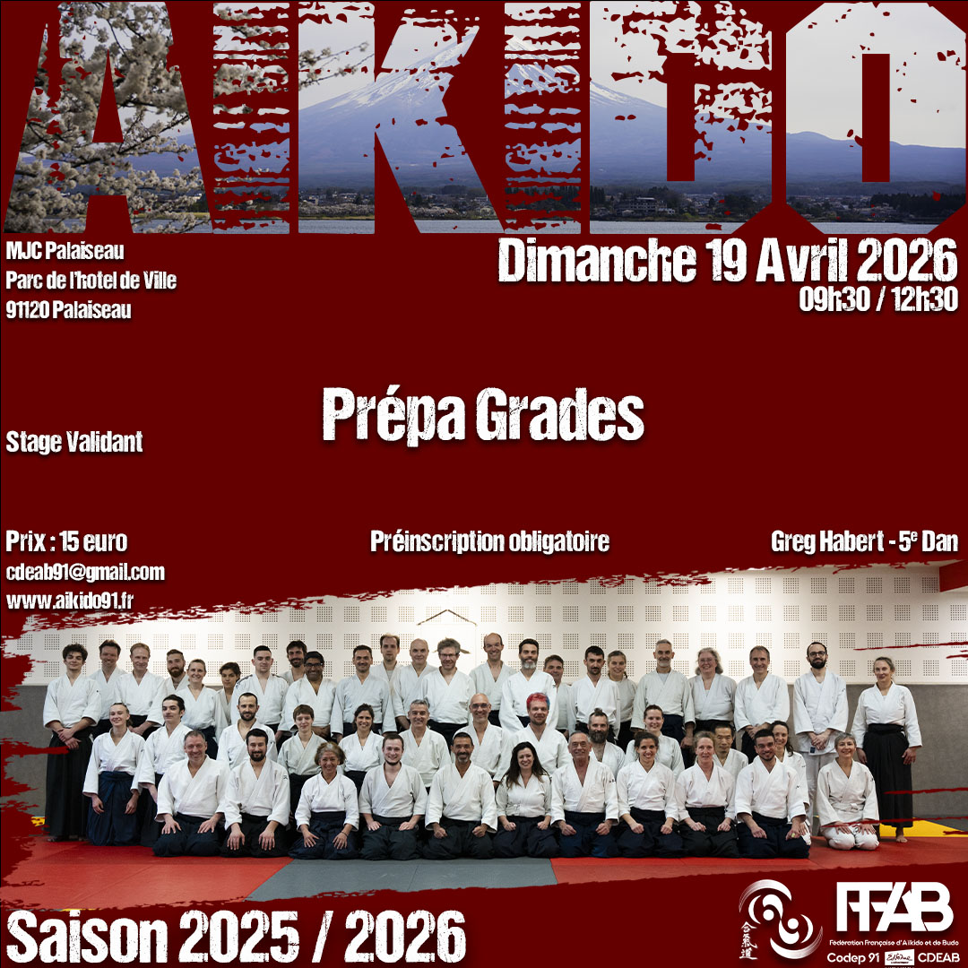 Affiche du Stage d'Aïkido à Palaiseau animé par Greg Habert le dimanche 19 avril 2026 Affiche du Stage d'Aïkido à Palaiseau animé par Greg Habert le dimanche 19 avril 2026