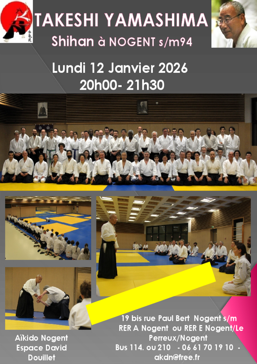 Affiche du Stage d'Aïkido à Nogent-sur-Marne animé par Yamashima Takeshi le lundi 12 janvier 2026