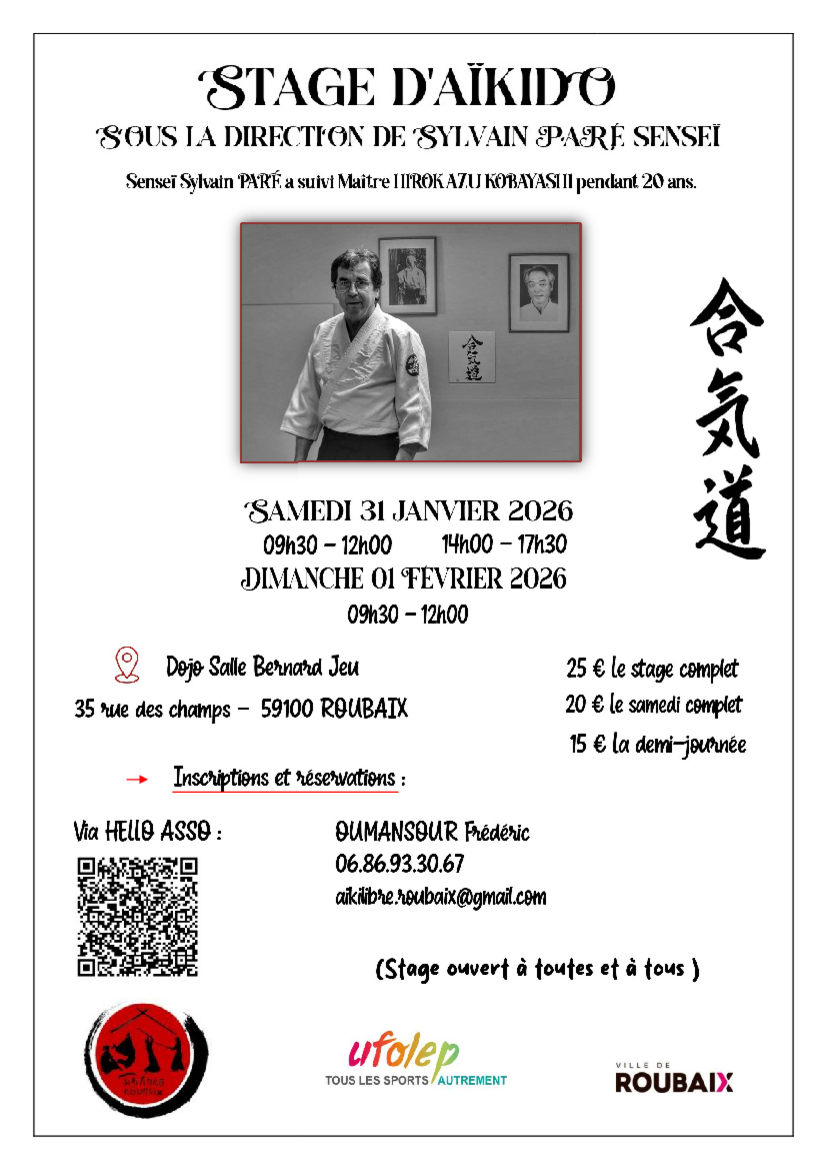 Affiche du Stage d'Aïkido à Roubaix animé par Sylvain Paré du samedi 31 janvier 2026 au dimanche 1 février 2026