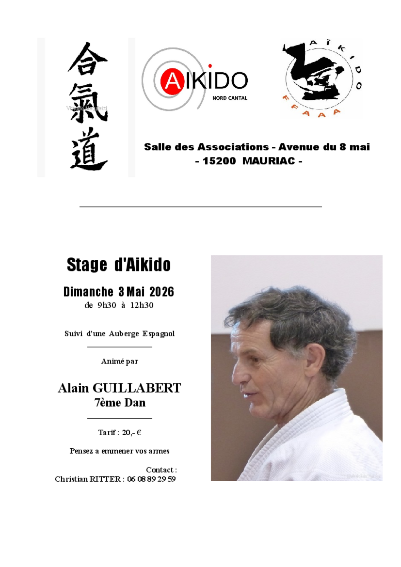Affiche du Stage d'Aïkido à Mauriac animé par Alain Guillabert le dimanche 3 mai 2026