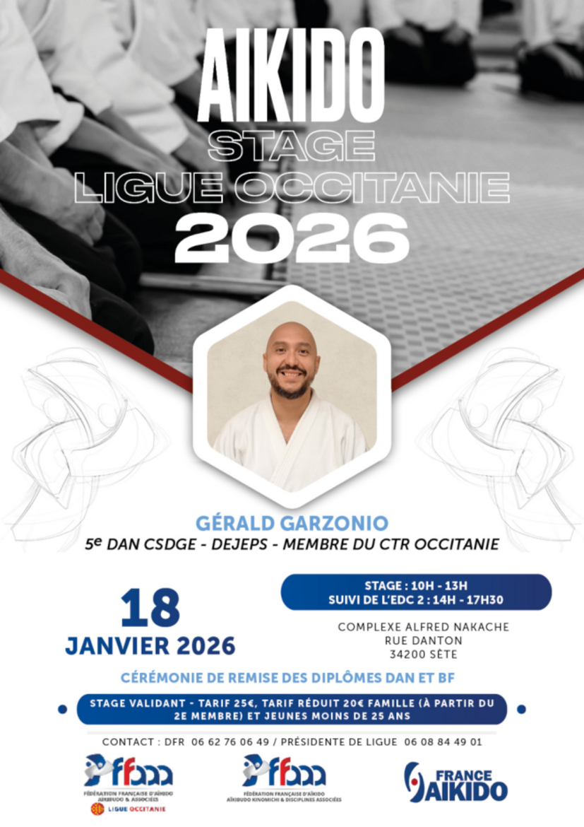 Affiche du Stage d'Aïkido à Sète animé par Gérald Garzonio le dimanche 18 janvier 2026
