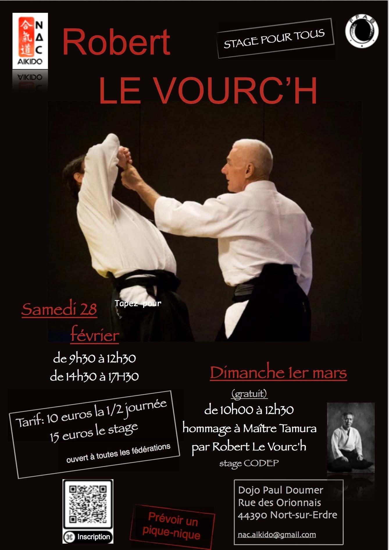Affiche du Stage d'Aïkido à Nort-sur-Erdre animé par Robert Le Vourch' du samedi 28 février 2026 au dimanche 1 mars 2026 Affiche du Stage d'Aïkido à Nort-sur-Erdre animé par Robert Le Vourch' du samedi 28 février 2026 au dimanche 1 mars 2026